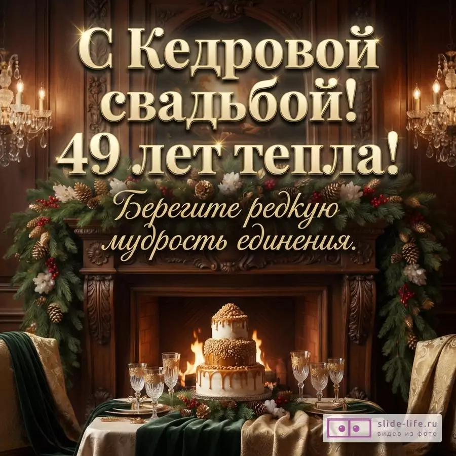 Золотой текст на коричневом фоне «С Кедровой свадьбой! 49 лет тепла! Берегите редкую мудрость единения.»