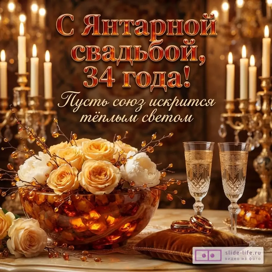 Открытка с янтарным фоном, свечами, букетом роз и бокалами. Текст: «С Янтарной свадьбой, 34 года! Пусть союз искрится тёплым светом»