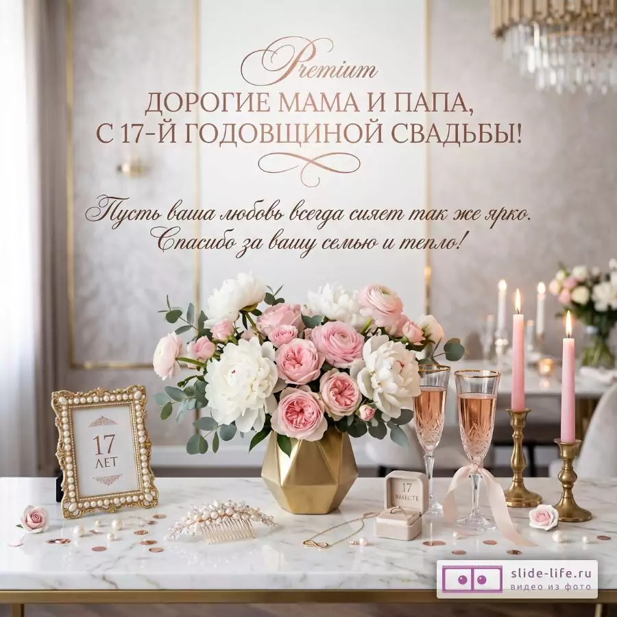 Бежево-розовая праздничная открытка с букетом пионов, свечами, бокалами и рамкой; текст: «Дорогие мама и папа, с 17-й годовщиной свадьбы!»