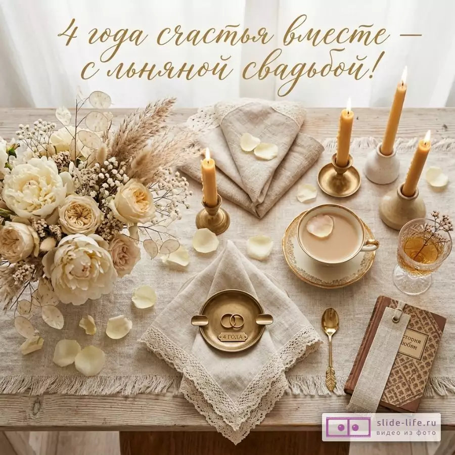 Красивая открытка с льняной свадьбой — 4 года любви и счастья