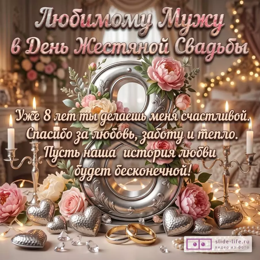 С 8-й годовщиной свадьбы, любимый муж — романтическая открытка на жестяную свадьбу