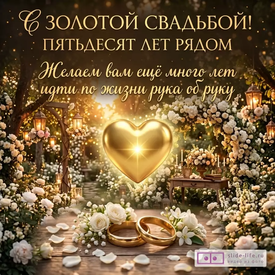 Золотисто-черный фон, золотое сердце, цветочные арки, свечи, обручальные кольца и розы. Текст: «С золотой свадьбой! Пятьдесят лет рядом. Желаем вам ещё много лет идти по жизни рука об руку»