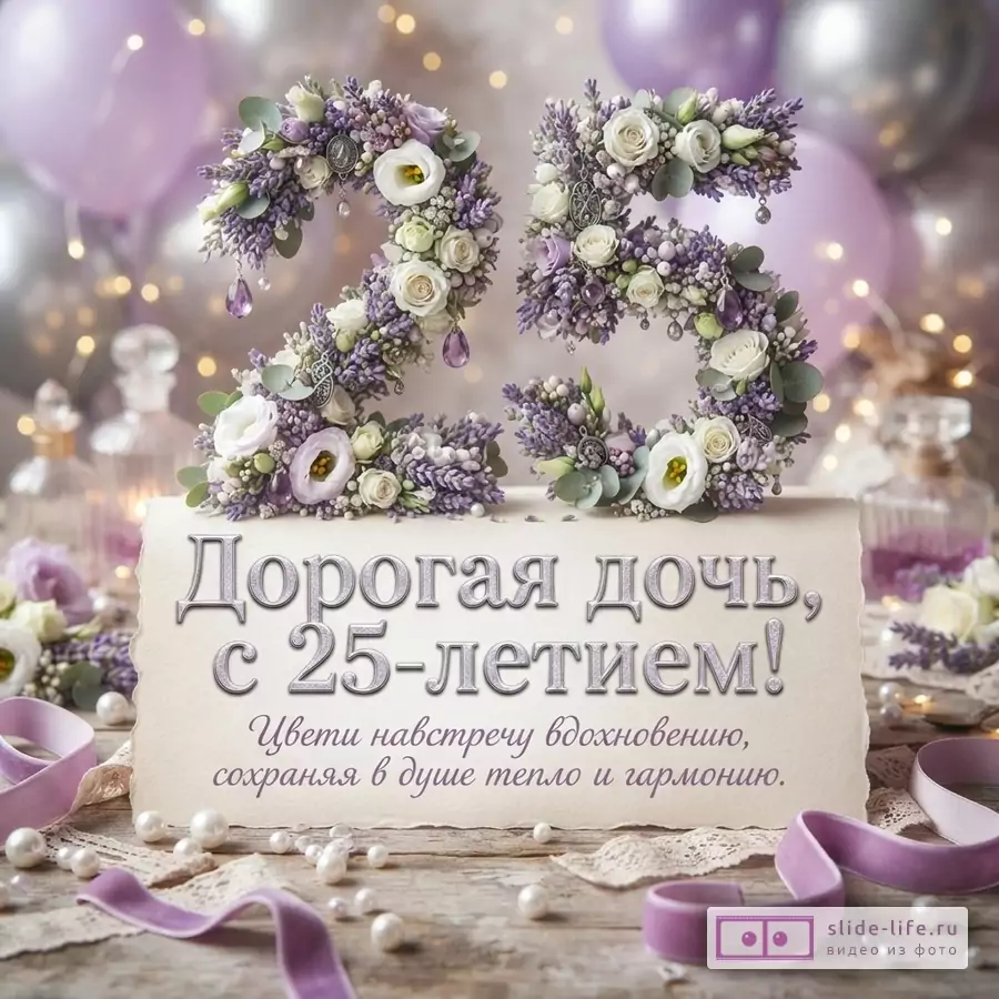 Объемная цифра 25 из сиреневых и белых цветов на фоне воздушных шаров с надписью: «Дорогая дочь, с 25-летием! Цвети навстречу вдохновению, сохраняя в душе тепло и гармонию.»