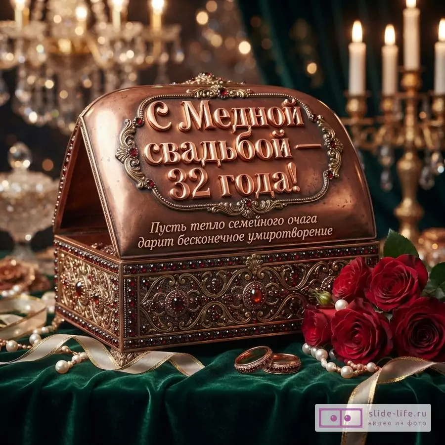 Открытая медная шкатулка с золотыми узорами и красными камнями на зеленой бархатной скатерти. Рядом два кольца, жемчужные бусы и красные розы. На шкатулке текст: «С Медной свадьбой – 32 года! Пусть тепло семейного очага дарит бесконечное умиротворение».