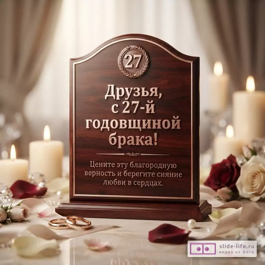 Деревянная табличка с медной рамкой на фоне свечей и роз, на табличке текст «Друзья, с 27-й годовщиной брака! Цените эту благородную верность и берегите сияние любви в сердцах.»