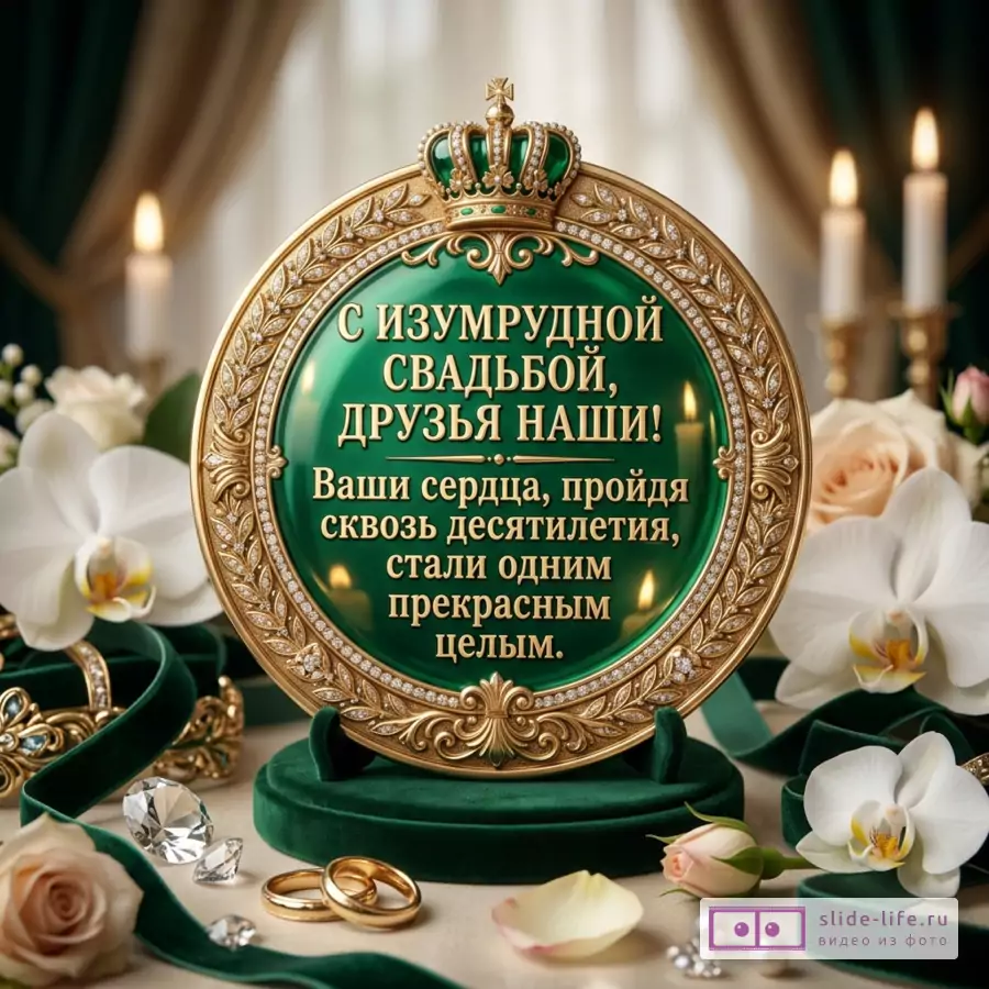Круглая открытка-медальон с золотой рамкой и зеленым центром, корона, белые орхидеи, кремовые розы, свечи, обручальные кольца, кристаллы, текст «С ИЗУМРУДНОЙ СВАДЬБОЙ, ДРУЗЬЯ НАШИ! Ваши сердца, пройдя сквозь десятилетия, стали одним прекрасным целым.»