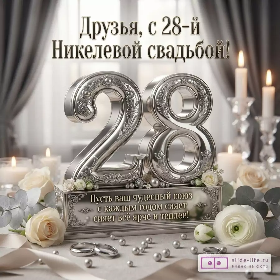 Открытка с цифрой 28 серебряного цвета, свечами, белыми розами и жемчугом на светлом фоне. Текст: «Друзья, с 28-й Никелевой свадьбой! Пусть ваш чудесный союз с каждым годом сияет всё ярче и теплее!»