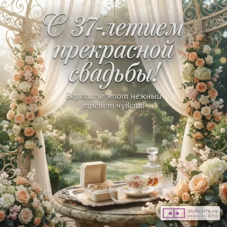 Фон с бежевыми и розовыми розами, белыми шторами, беседкой и садом. На переднем плане столик с подносом, на котором стоит чашка, графин, стакан и открытая коробочка с кольцами. Текст: «С 37-летием прекрасной свадьбы! Берегите этот нежный трепет чувств»