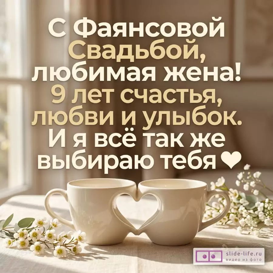 Любимой Жене с 9-летием Свадьбы — трогательная открытка на Фаянсовую годовщину