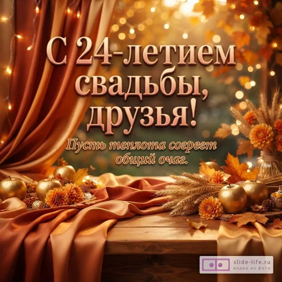 Драпировка из атласной ткани терракотового цвета, золотые яблоки, колосья, гирлянды и текст «С 24-летием свадьбы, друзья! Пусть теплота согреет общий очаг.»