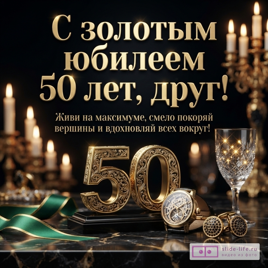 Черный фон, золотые буквы, свечи, бокал, часы, запонки, зеленая лента. Текст: «С золотым юбилеем 50 лет, друг! Живи на максимуме, смело покоряй вершины и вдохновляй всех вокруг!»