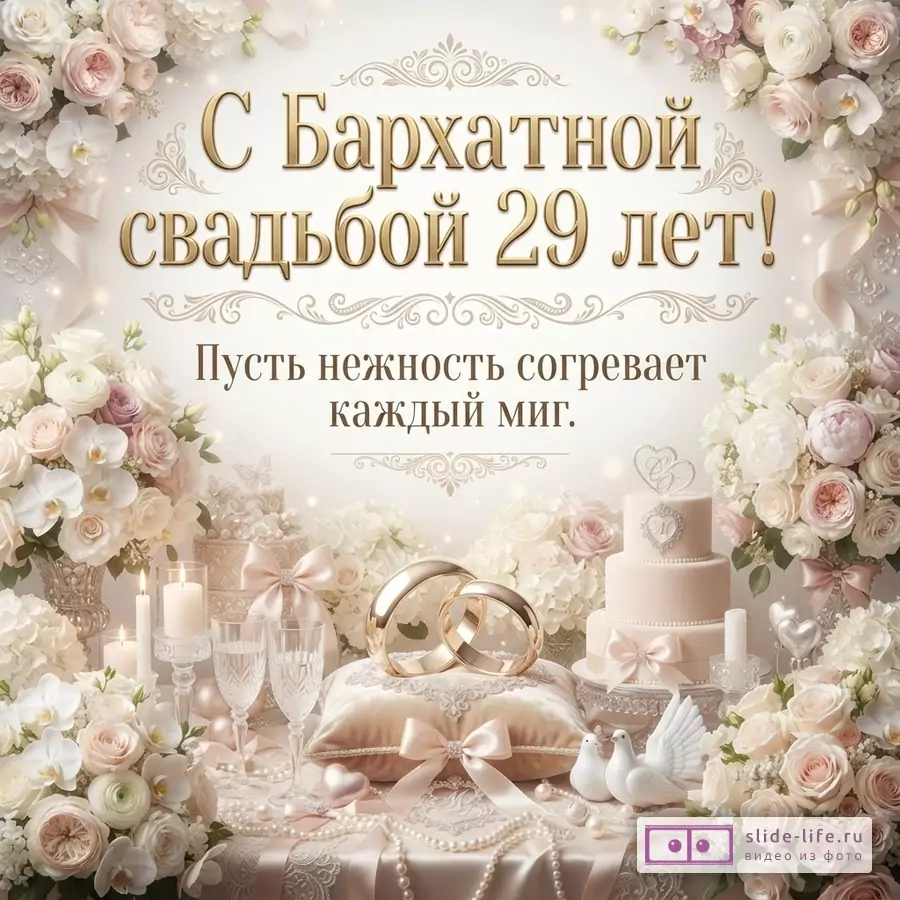 Светлый фон, цветочные композиции по углам, золотые обручальные кольца на подушечке, свадебный торт. Текст: «С Бархатной свадьбой 29 лет! Пусть нежность согревает каждый миг.»