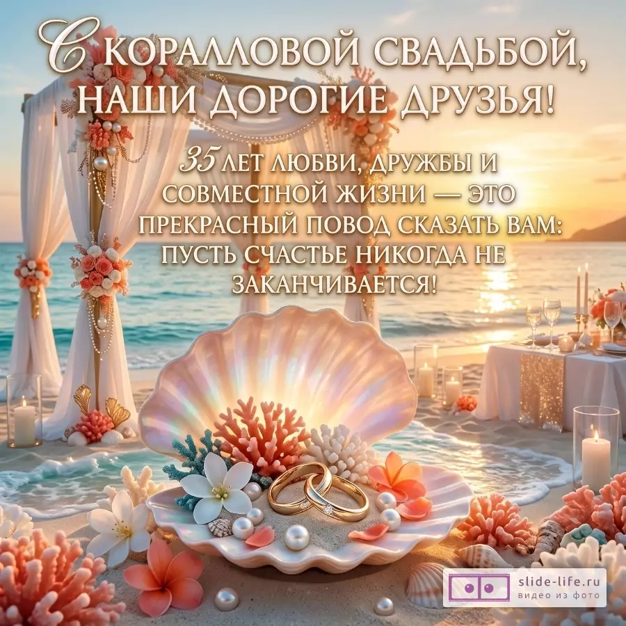 Пляж на закате в бежево-голубых тонах, кораллы, ракушки, кольца, свадебная арка и стол. Текст «С коралловой свадьбой, наши дорогие друзья! 35 лет любви...»