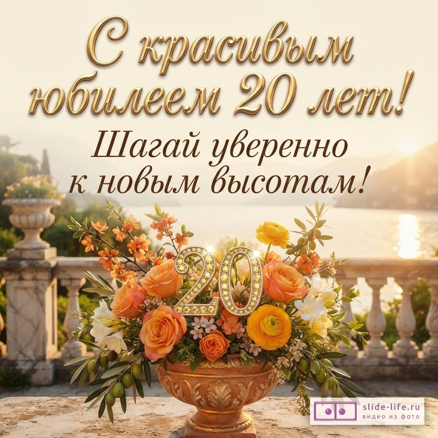 Открытка с бежевым фоном, на переднем плане ваза с оранжевыми и желтыми цветами, на фоне море и закат. Текст «С красивым юбилеем 20 лет! Шагай уверенно к новым высотам!»