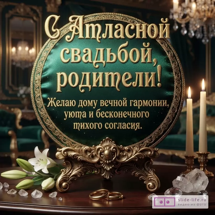 Зеленая атласная табличка в резной золотой раме на подставке, обручальные кольца, свечи и лилии с надписью «С Атласной свадьбой, родители! Желаю дому вечной гармонии, уюта и бесконечного тихого согласия.»