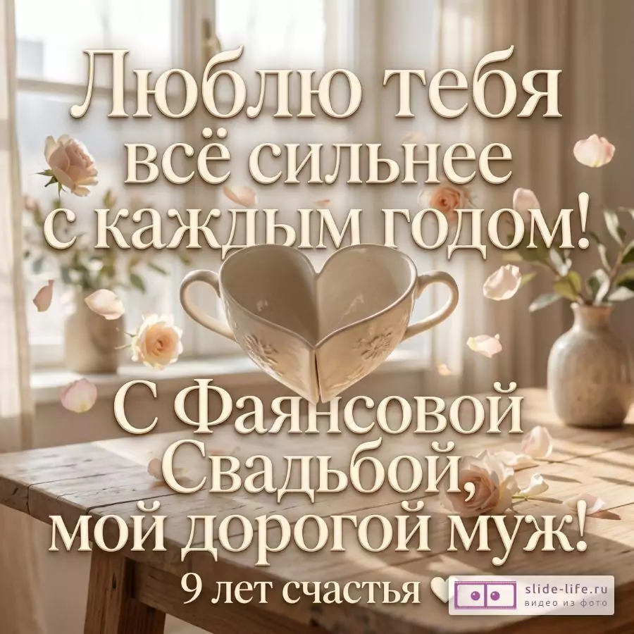 Трогательное поздравление мужу с Фаянсовой Свадьбой — открытка на 9 лет совместной жизни