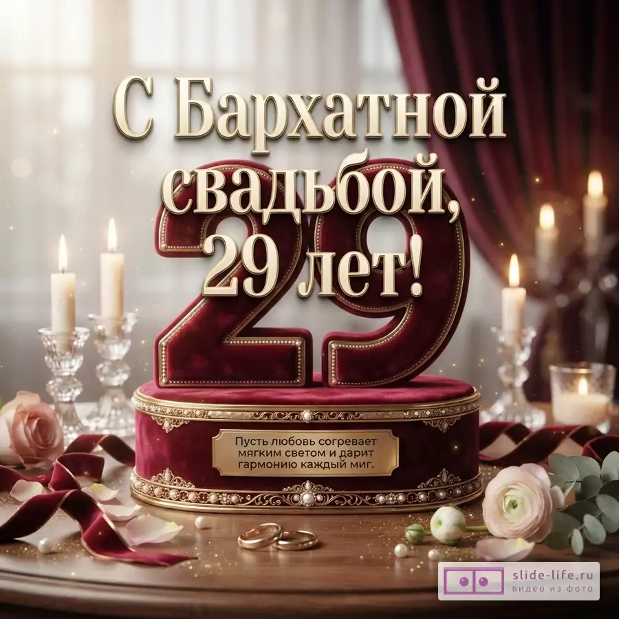 Фон с красными шторами, свечами и цветами, на переднем плане бархатная шкатулка с цифрой 29, обручальные кольца. Текст: «С Бархатной свадьбой, 29 лет! Пусть любовь согревает мягким светом и дарит гармонию каждый миг.»