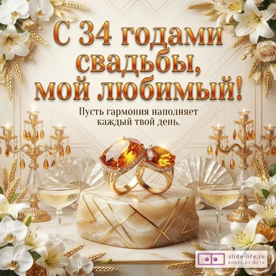 Фон бежевый с узором, по углам белые цветы, колосья. В центре два золотых кольца с янтарными камнями на мраморной подставке. По бокам подсвечники, бокалы с шампанским. Текст «С 34 годами свадьбы, мой любимый! Пусть гармония наполняет каждый твой день.»