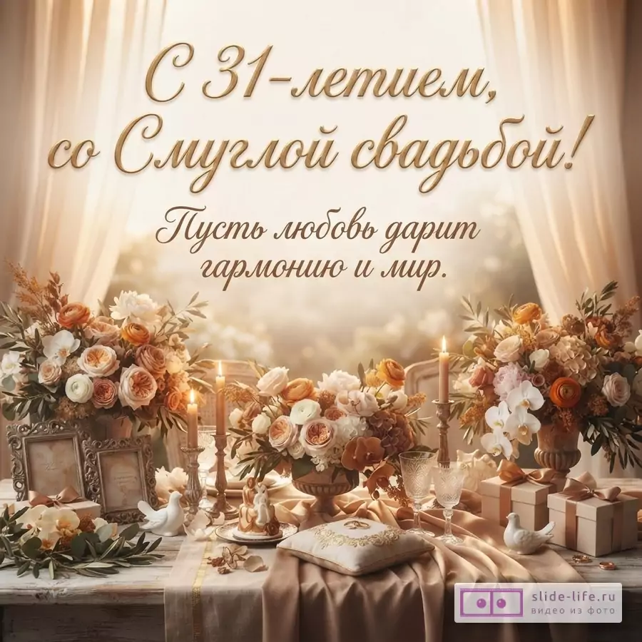 Бежево-золотая открытка с цветами, свечами, подарками и текстом «С 31-летием, со Смуглой свадьбой! Пусть любовь дарит гармонию и мир.»