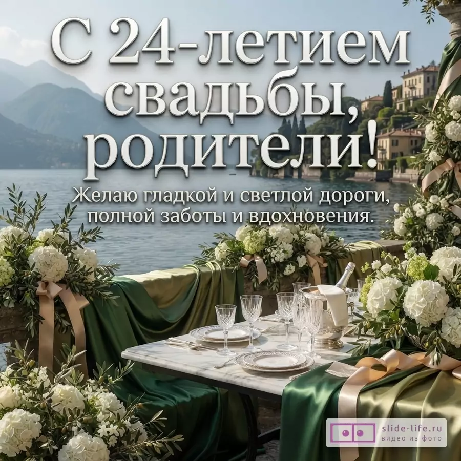 Сервированный стол с белыми цветами и зеленым атласом на фоне озера и гор, надпись «С 24-летием свадьбы, родители! Желаю гладкой и светлой дороги, полной заботы и вдохновения.»
