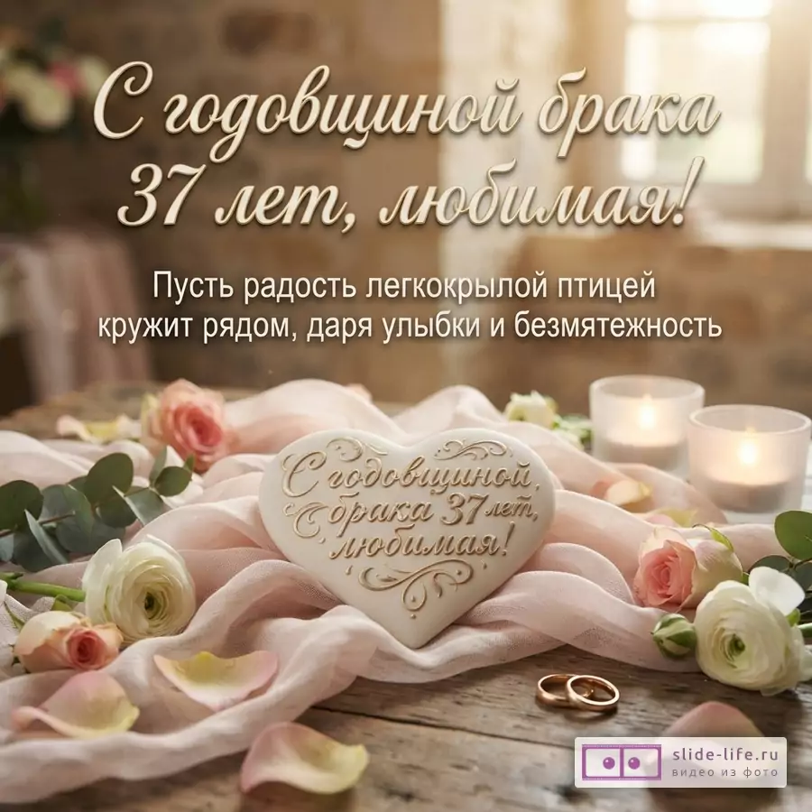 Открытка с бежевым фоном, на переднем плане деревянный стол, розовая ткань, белые и розовые розы, лепестки, два обручальных кольца, две свечи. Текст: «С годовщиной брака 37 лет, любимая! Пусть радость легкокрылой птицей кружит рядом, даря улыбки и безмятежность»