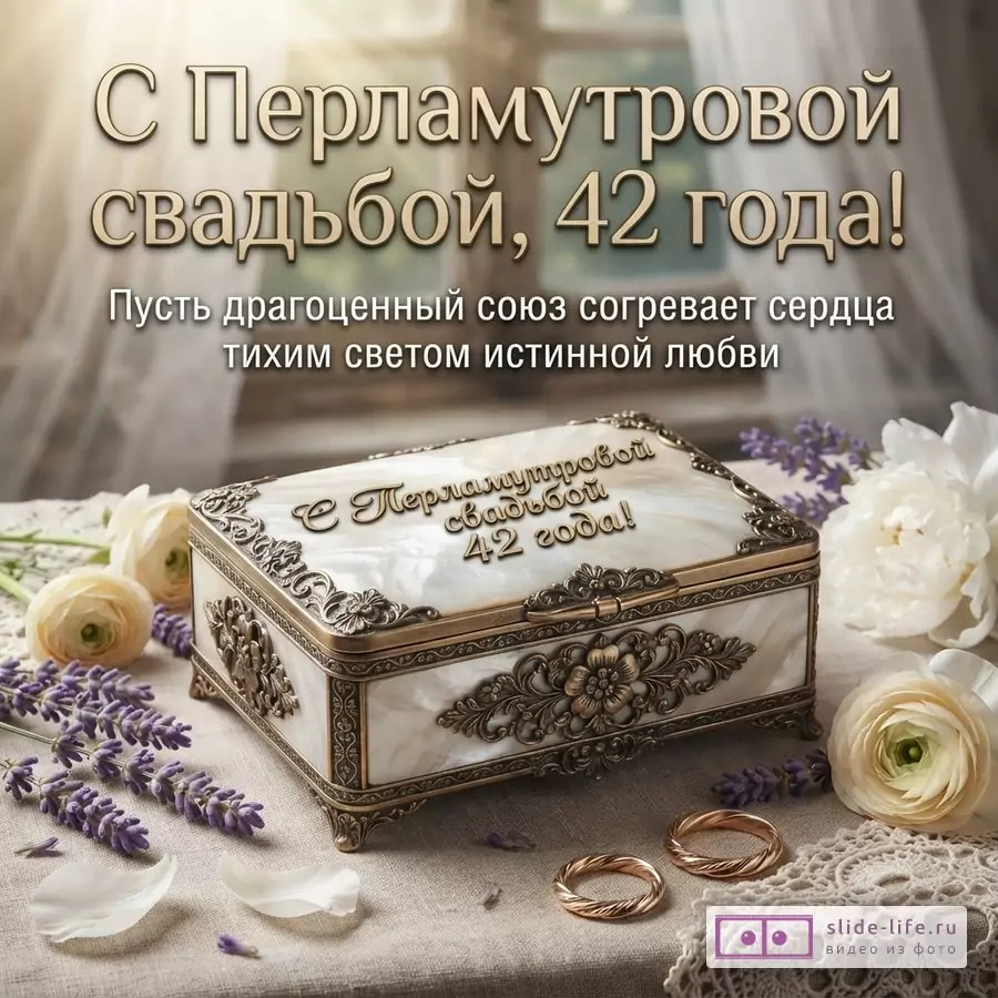 Бежевый фон, открытка с текстом «С Перламутровой свадьбой, 42 года!», шкатулка с перламутровой крышкой, белые цветы, лаванда, обручальные кольца.