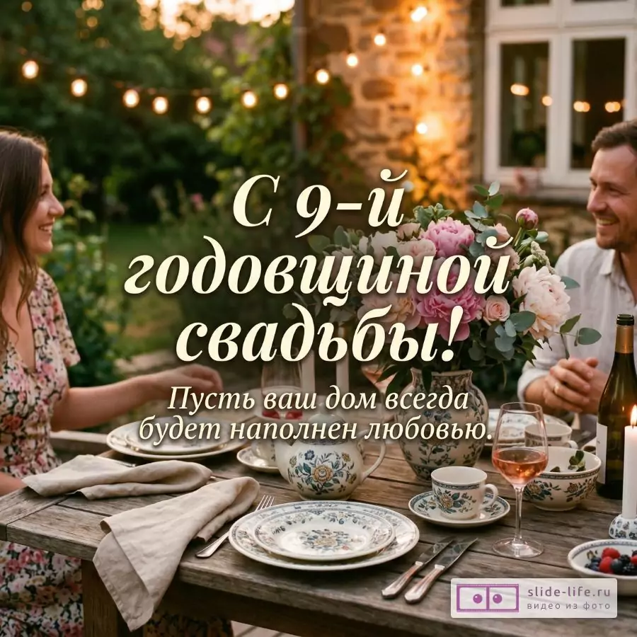 Зеленый и золотисто-коричневый фон, пара за столом в саду, букет розовых цветов, фаянсовая посуда. Текст: «С 9-й годовщиной свадьбы! Пусть ваш дом всегда будет наполнен любовью.»