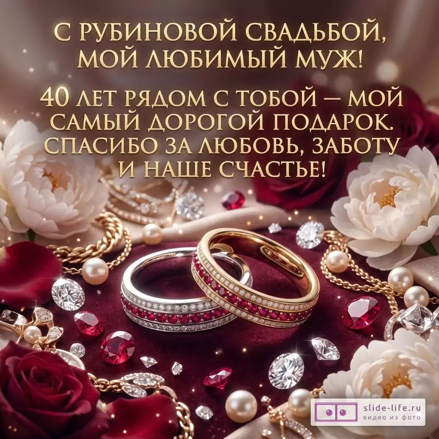 Бордово-золотая открытка с цветами, жемчугом, кольцами и рубиновыми камнями. Текст: «С РУБИНОВОЙ СВАДЬБОЙ, МОЙ ЛЮБИМЫЙ МУЖ! 40 ЛЕТ РЯДОМ С ТОБОЙ — МОЙ САМЫЙ ДОРОГОЙ ПОДАРОК. СПАСИБО ЗА ЛЮБОВЬ, ЗАБОТУ И НАШЕ СЧАСТЬЕ!»