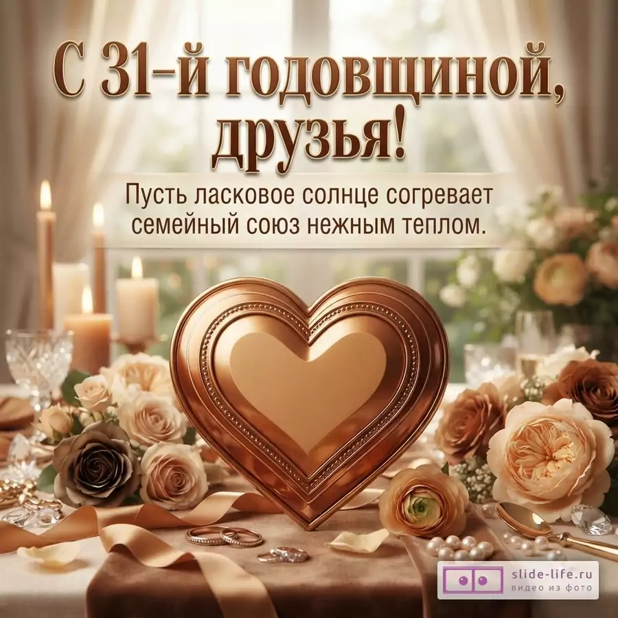 Бежево-золотая открытка с сердцем, цветами, свечами и текстом «С 31-й годовщиной, друзья! Пусть ласковое солнце согревает семейный союз нежным теплом.»