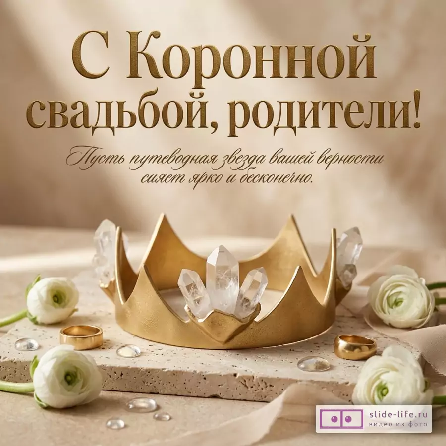 Золотая корона с кристаллами, обручальные кольца и белые цветы на бежевом фоне с надписью «С Коронной свадьбой, родители! Пусть путеводная звезда вашей верности сияет ярко и бесконечно.»