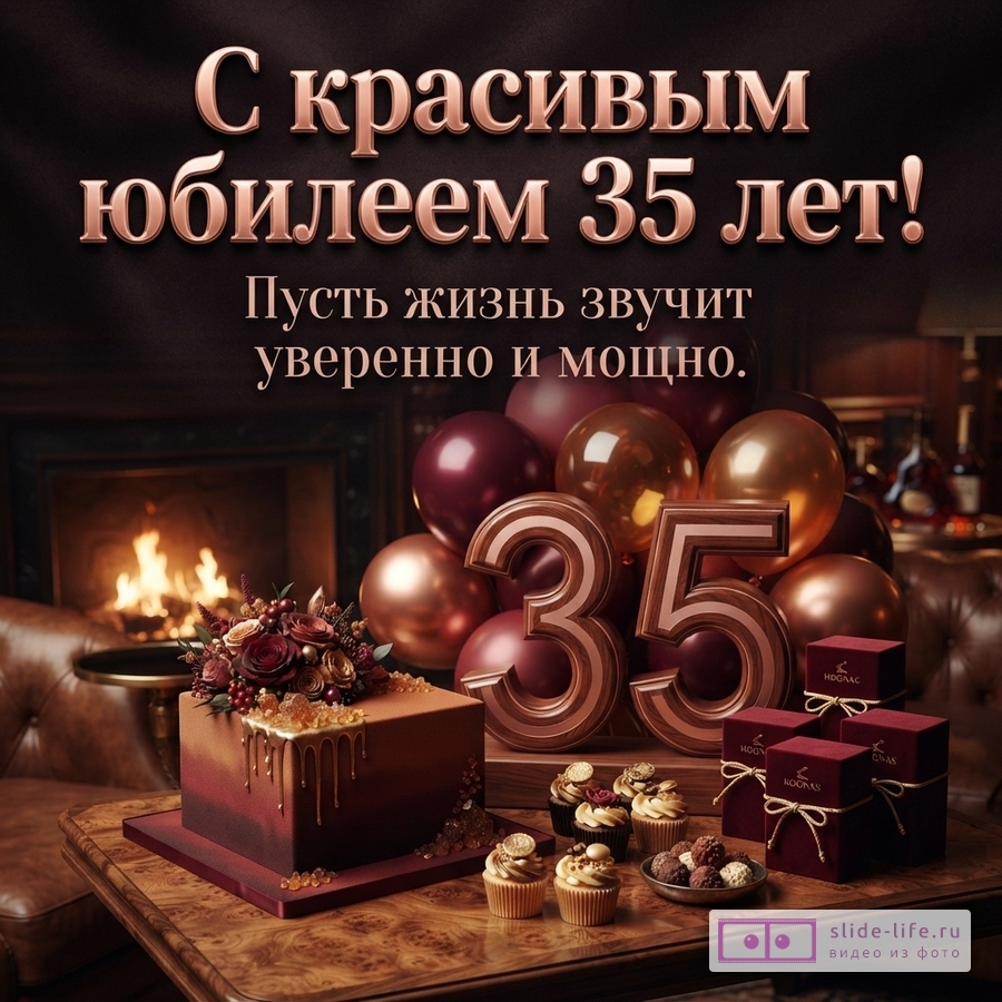 Объемная цифра 35, торт, капкейки и бордовые воздушные шары на деревянном столе у камина с надписью «С красивым юбилеем 35 лет! Пусть жизнь звучит уверенно и мощно.»