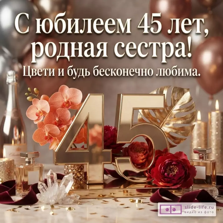 Фон серый с воздушными шарами, золотые цифры «45», орхидеи, пионы, свечи, флаконы духов, ленты. Текст: «С юбилеем 45 лет, родная сестра! Цвети и будь бесконечно любима.»