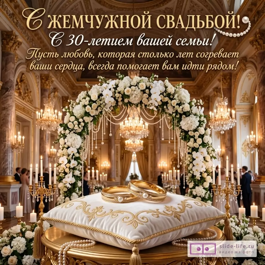 Бежево-золотой фон, цветочная арка, свечи, обручальные кольца на подушке, жемчужные нити. Текст: «С ЖЕМЧУЖНОЙ СВАДЬБОЙ! С 30-летием вашей семьи!»
