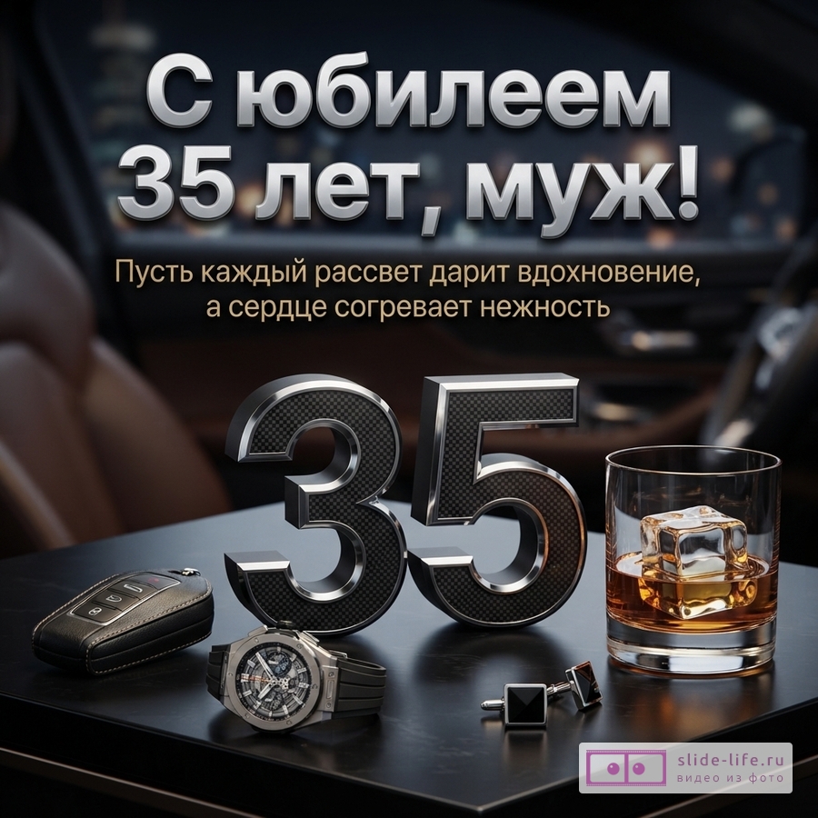 Объемная карбоновая цифра 35, наручные часы, запонки, стакан виски со льдом и ключ от авто на столе с текстом «С юбилеем 35 лет, муж! Пусть каждый рассвет дарит вдохновение, а сердце согревает нежность»