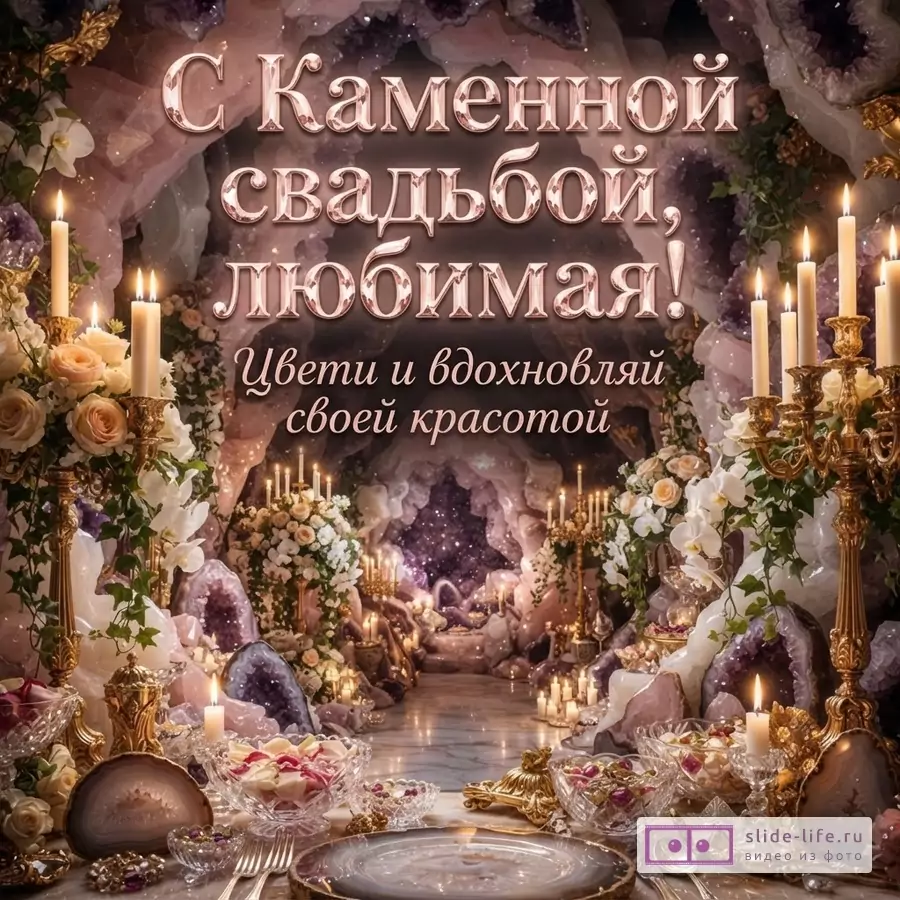Открытка с розовым фоном, имитирующим пещеру из аметистов и кристаллов. В центре текст «С Каменной свадьбой, любимая! Цвети и вдохновляй своей красотой». По бокам свечи в канделябрах, цветы, сервированный стол.