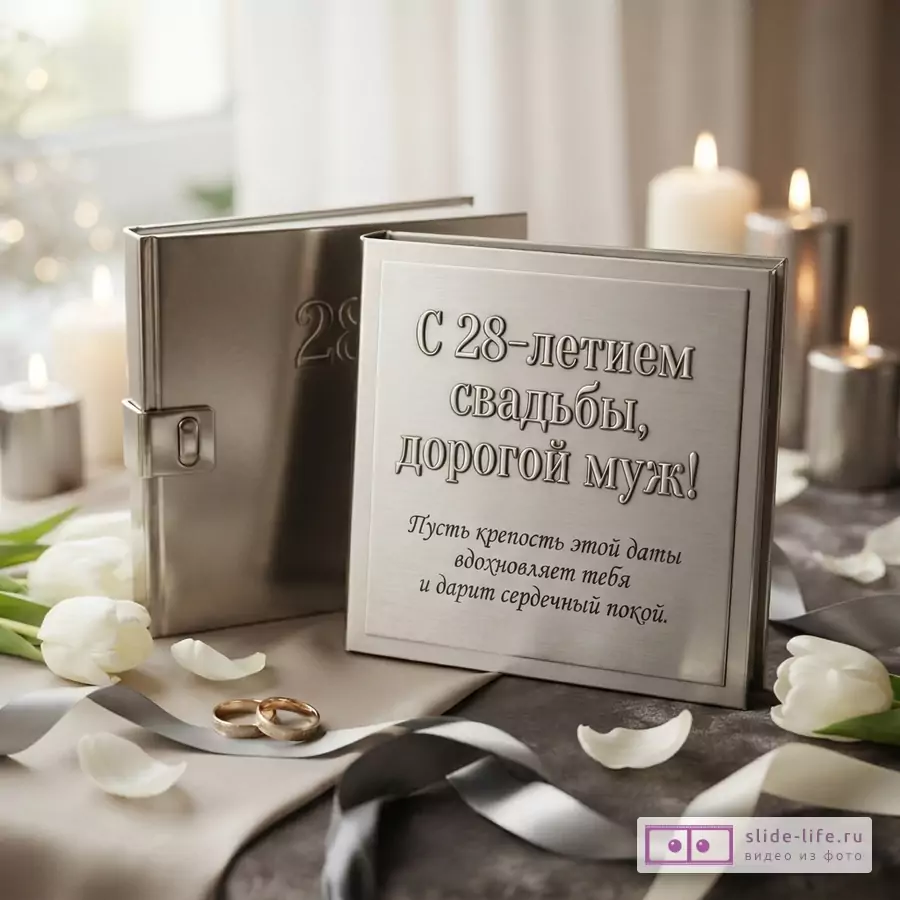 Металлическая открытка-книга серебристого цвета, фон серый. Текст: «С 28-летием свадьбы, дорогой муж! Пусть крепость этой даты вдохновляет тебя и дарит сердечный покой.»