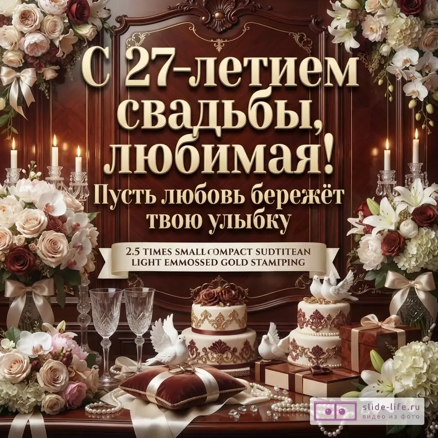 Деревянная табличка с золотыми буквами на фоне бежевой драпировки, свечи, цветы, свадебный торт, бокалы, подушечка для колец. Текст: «С 27-летием свадьбы, любимая! Пусть любовь бережёт твою улыбку»