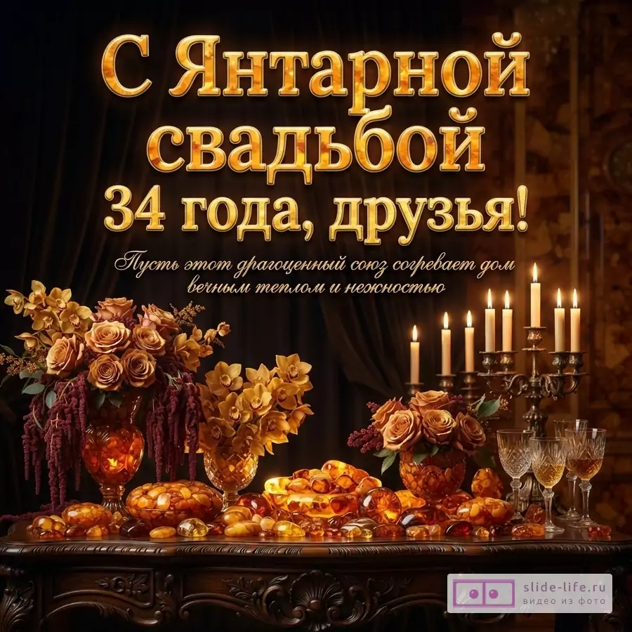 Открытка с Янтарной свадьбой, фон черный, золотые буквы, текст «С Янтарной свадьбой 34 года, друзья! Пусть этот драгоценный союз согревает дом вечным теплом и нежностью»