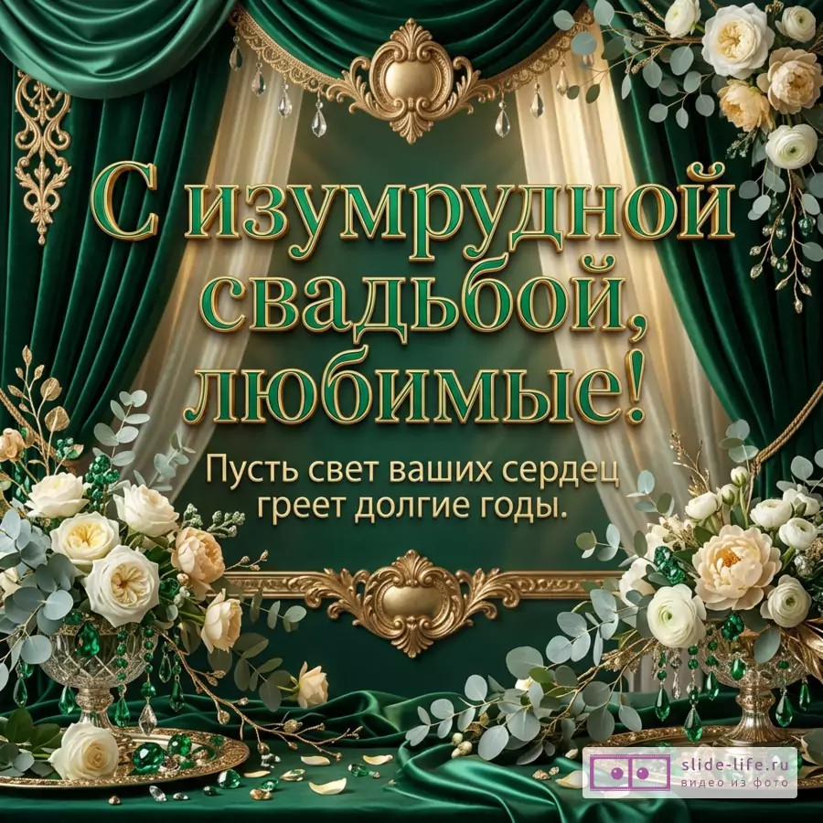 Открытка с темно-зеленым фоном, изумрудными шторами, золотой рамой, белыми и кремовыми цветами, эвкалиптом, подвесками и текстом «С изумрудной свадьбой, любимые! Пусть свет ваших сердец греет долгие годы.»