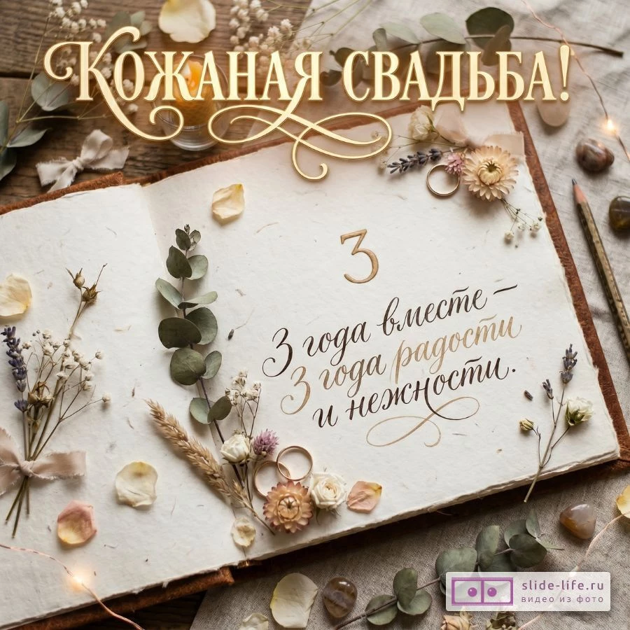 Кожаная свадьба 3 года – открытка с поздравлением и теплыми словами
