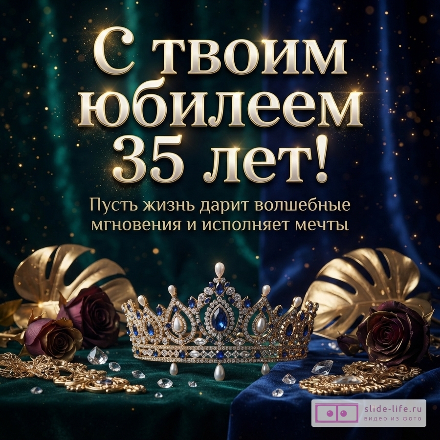 Золотая корона с синими камнями, розы и золотые листья на изумрудном бархате с надписью «С твоим юбилеем 35 лет! Пусть жизнь дарит волшебные мгновения и исполняет мечты».