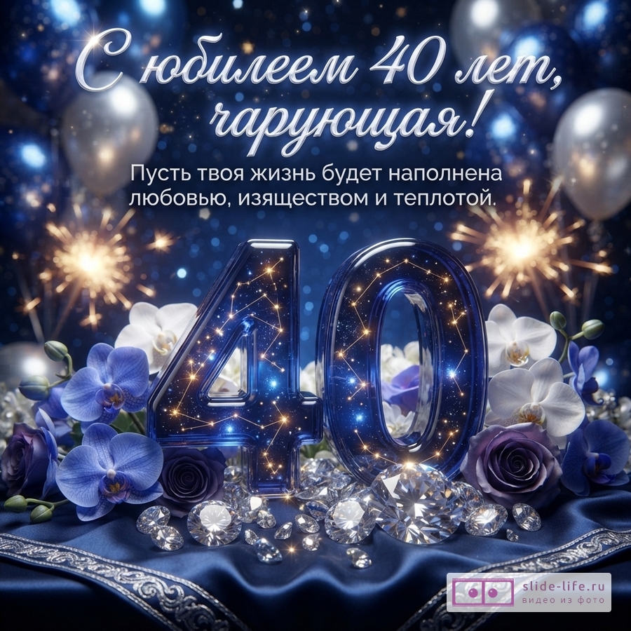 Темно-синий фон с бликами, серебристые и синие воздушные шары, фейерверки. В центре крупные синие цифры «40» с подсветкой в виде созвездий. Вокруг цифр белые и синие орхидеи, сиреневые розы, россыпь бриллиантов. Внизу синяя атласная ткань с серебристой каймой. Текст: «С юбилеем 40 лет, чарующая! Пусть твоя жизнь будет наполнена любовью, изяществом и теплотой.»
