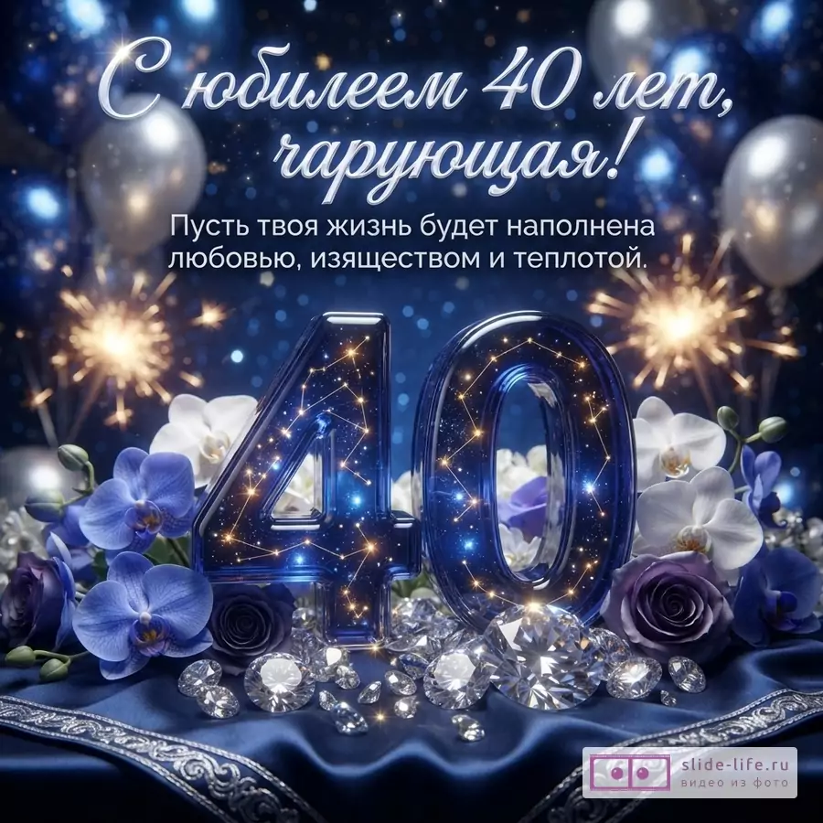 Темно-синий фон с бликами, серебристые и синие воздушные шары, фейерверки. В центре крупные синие цифры «40» с подсветкой в виде созвездий. Вокруг цифр белые и синие орхидеи, сиреневые розы, россыпь бриллиантов. Внизу синяя атласная ткань с серебристой каймой. Текст: «С юбилеем 40 лет, чарующая! Пусть твоя жизнь будет наполнена любовью, изяществом и теплотой.»