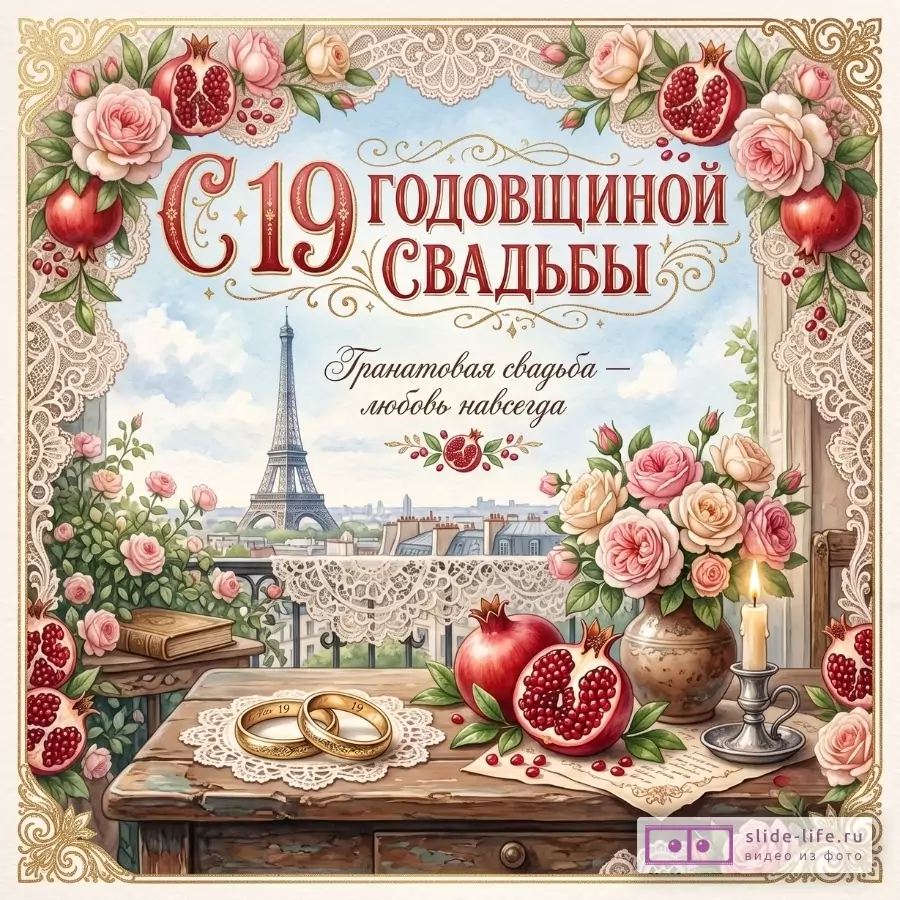 Кремово-голубая открытка с Эйфелевой башней, розами, гранатами и кольцами; текст «С 19 годовщиной свадьбы», «Гранатовая свадьба — любовь навсегда».