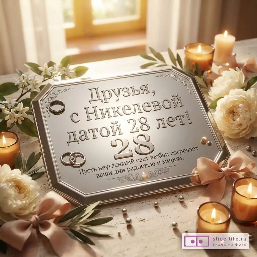 Серебряная табличка с надписью «Друзья, с Никелевой датой 28 лет! Пусть неугасимый свет любви согревает ваши дни радостью и миром.» на светлом фоне, украшенная цветами, свечами и лентами.