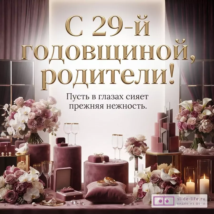 Золотой текст на светлом фоне «С 29-й годовщиной, родители! Пусть в глазах сияет прежняя нежность.». Композиция из розовых цветов, свечей, бокалов и коробочек на бархатной поверхности.