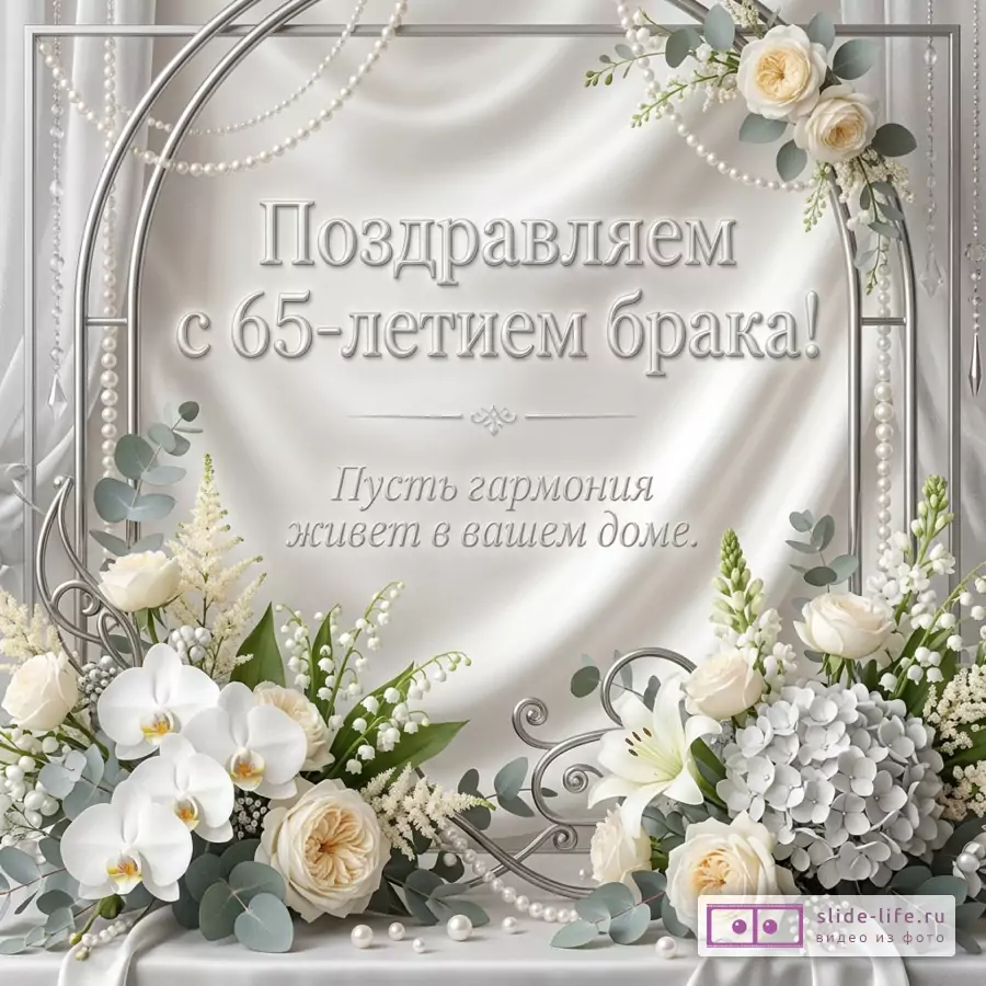Светло-серая открытка с серебристой рамкой, жемчужными нитями и белыми цветами, текст «Поздравляем с 65-летием брака! Пусть гармония живет в вашем доме.»
