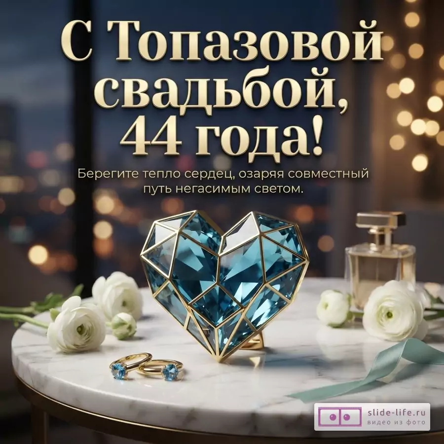 Открытка с Топазовой свадьбой, 44 года. На фоне ночного города, на мраморном столе стоит золотое сердце из голубых топазов, два золотых кольца с голубыми камнями, белые цветы и флакон духов. Текст: «С Топазовой свадьбой, 44 года! Берегите тепло сердец, озаряя совместный путь негасимым светом.»