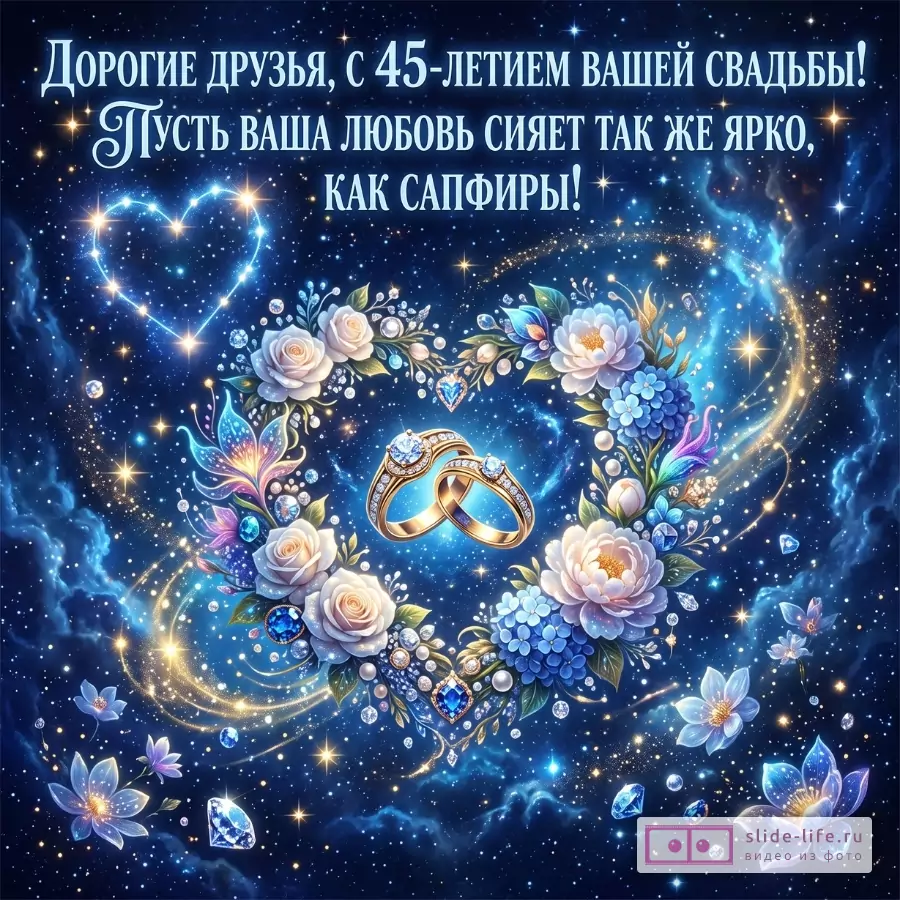 Темно-синий космический фон со звездами, сердцем из света, цветочным венком, двумя золотыми кольцами; текст «Дорогие друзья, с 45-летием вашей свадьбы! Пусть ваша любовь сияет так же ярко, как сапфиры!»