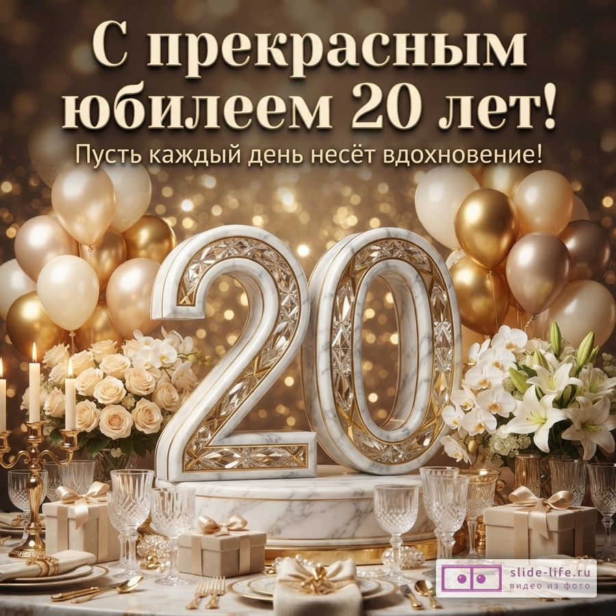 Открытка с золотистым фоном боке, золотыми и бежевыми шарами, цветами, свечами и сервированным столом. В центре крупные цифры «20» из белого мрамора с золотыми и прозрачными вставками. Текст: «С прекрасным юбилеем 20 лет! Пусть каждый день несёт вдохновение!»